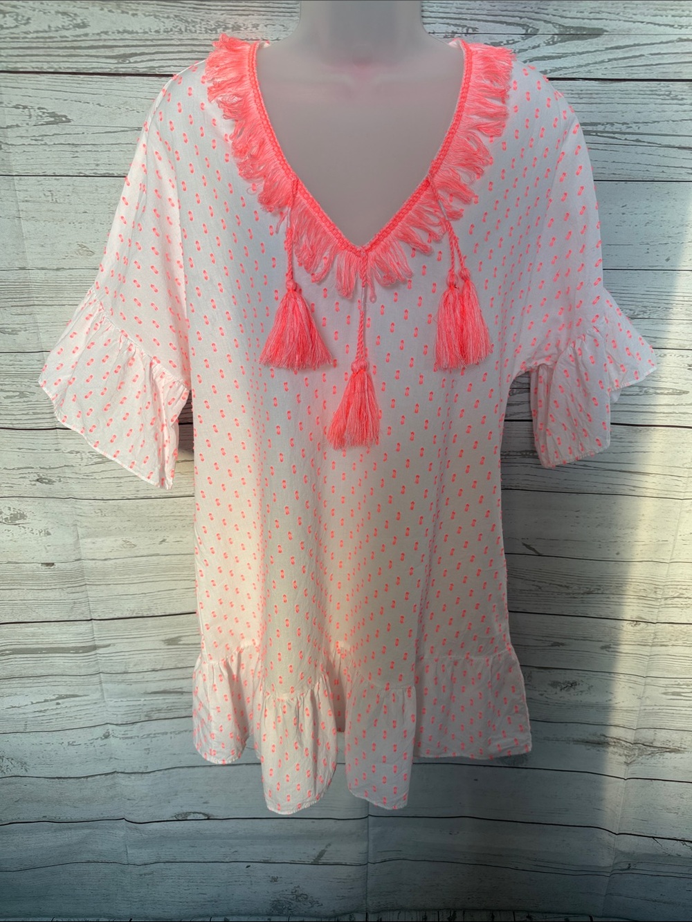 Lilly Pulitzer White Tunic Swim Coverup with Neon Pink Tassel Trim Size S/M